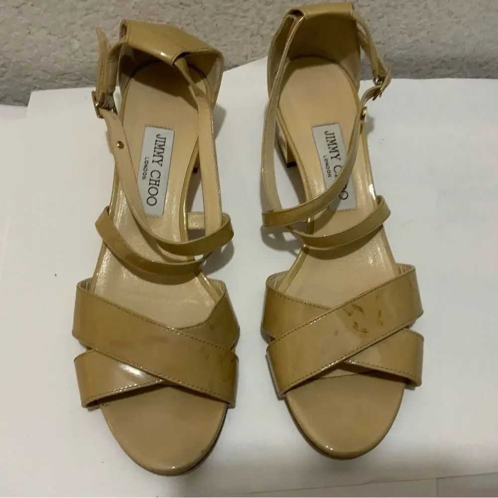 Jimmy Choo Nude Patent Leather "Merit" Sandals Size 39